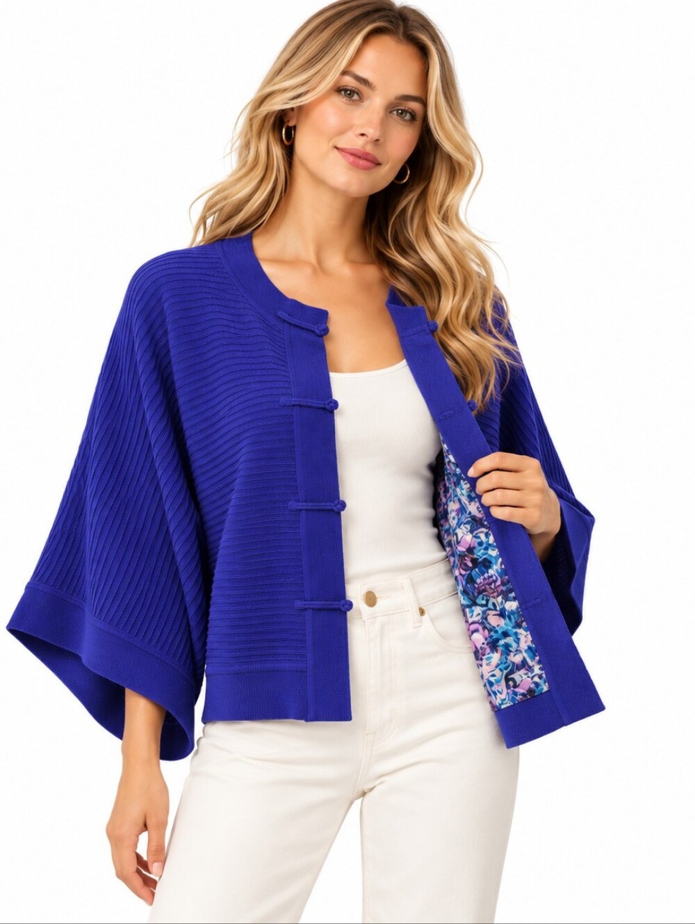 Shanghai Tang Wool Silk Kimono Cardigan M Purple Blue Ribbed Frog Toggle Luxury